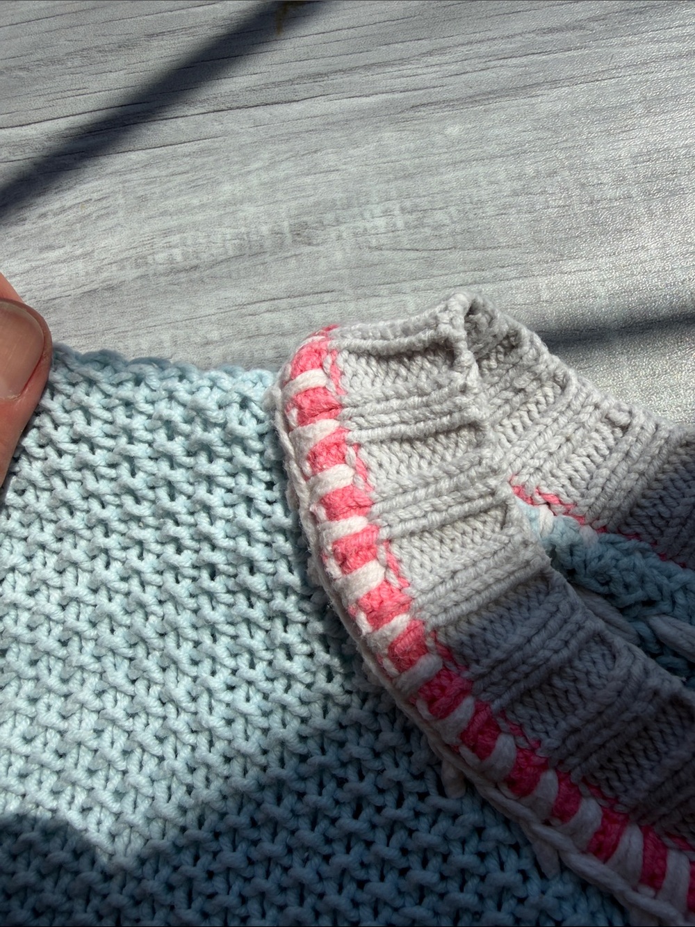 Lisa Todd Light Blue Crewneck Sweater with Pink and Olive Stripes, Size L. - Picture 6 of 15